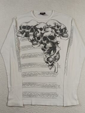MMA Elite Shirt Mens Medium White Waffle Knit Thermal Skull Pile Y2K